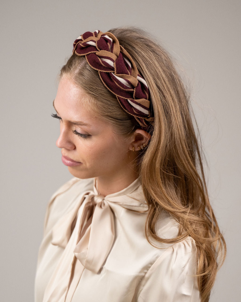 Amelia Plait Hairband-Burgundy/Tan