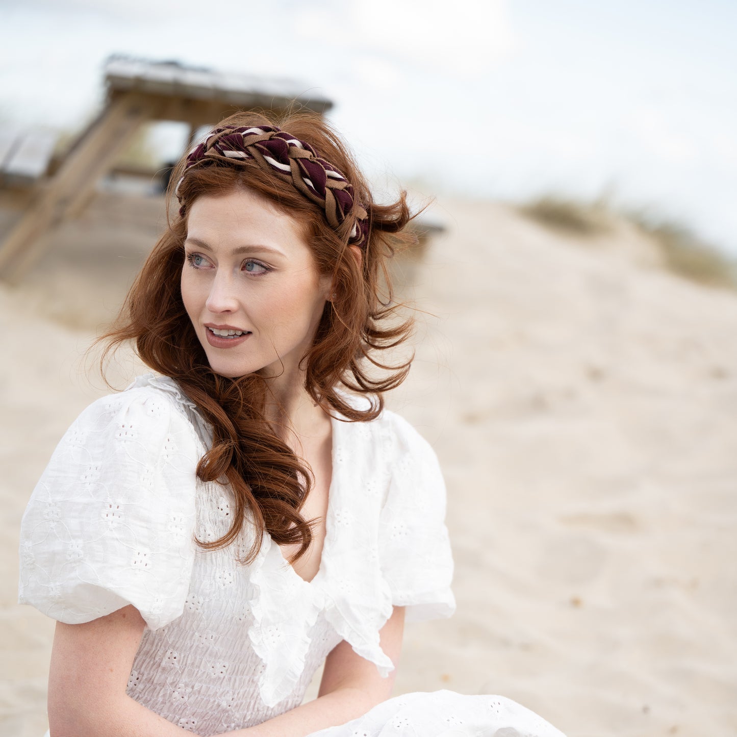 Amelia Plait Hairband-Burgundy/Tan