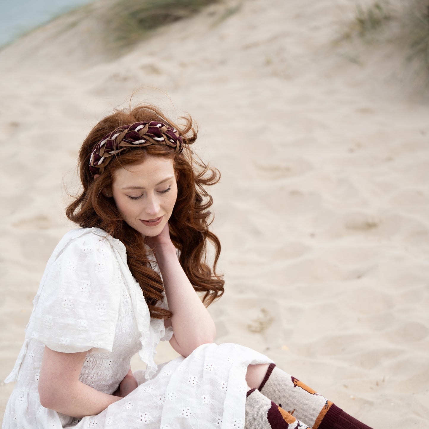 Amelia Plait Hairband-Burgundy/Tan