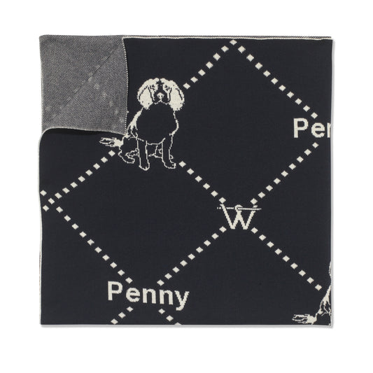 A navy and white diamond-patterned personalized dog blanket, expertly made to order in Nottingham, Britain. The blanket showcases intricate diamond shapes in a classic navy and white color scheme, reflecting craftsmanship and customization.