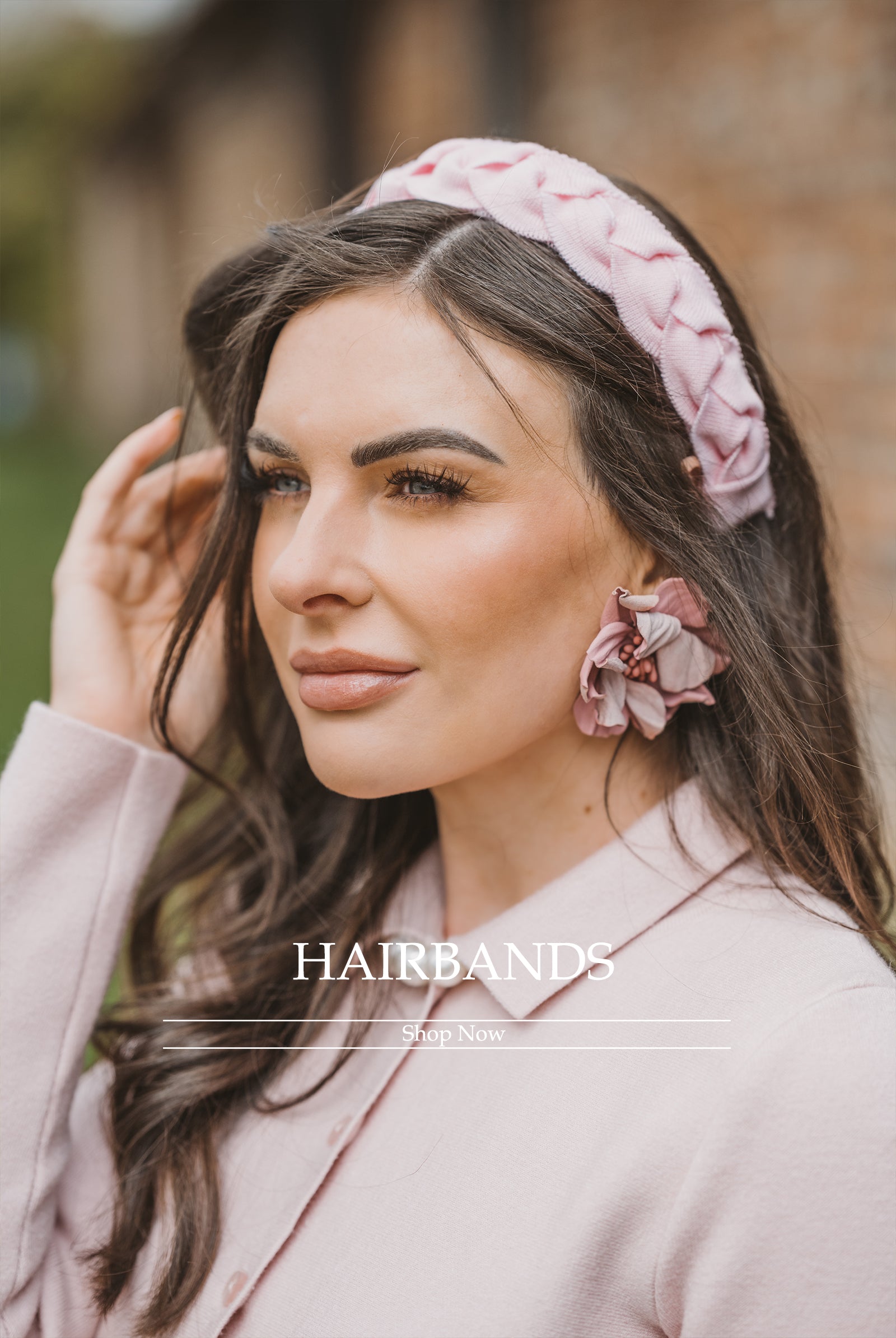 Woman wearing a pink hairband and earrings with text overlay 'HAIRBANDS Start Now'.