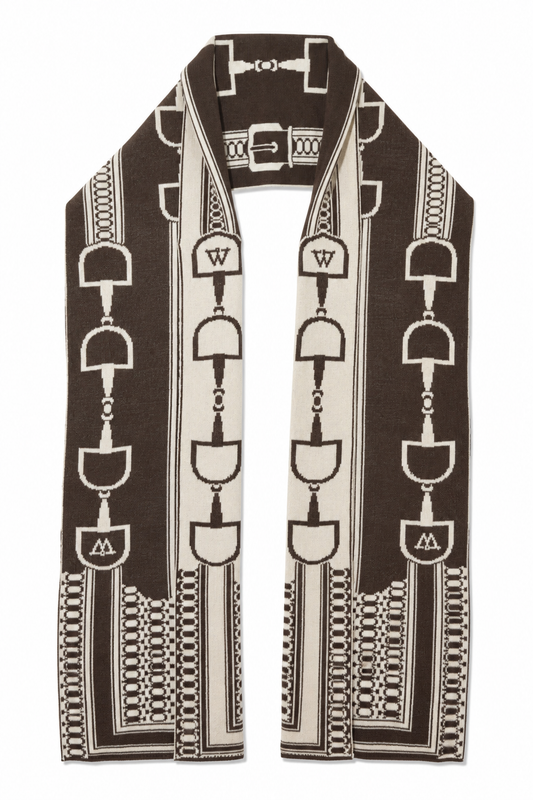 A patterned scarf laid flat against a white background, featuring a dark brown and cream design with equestrian motifs and decorative lettering.