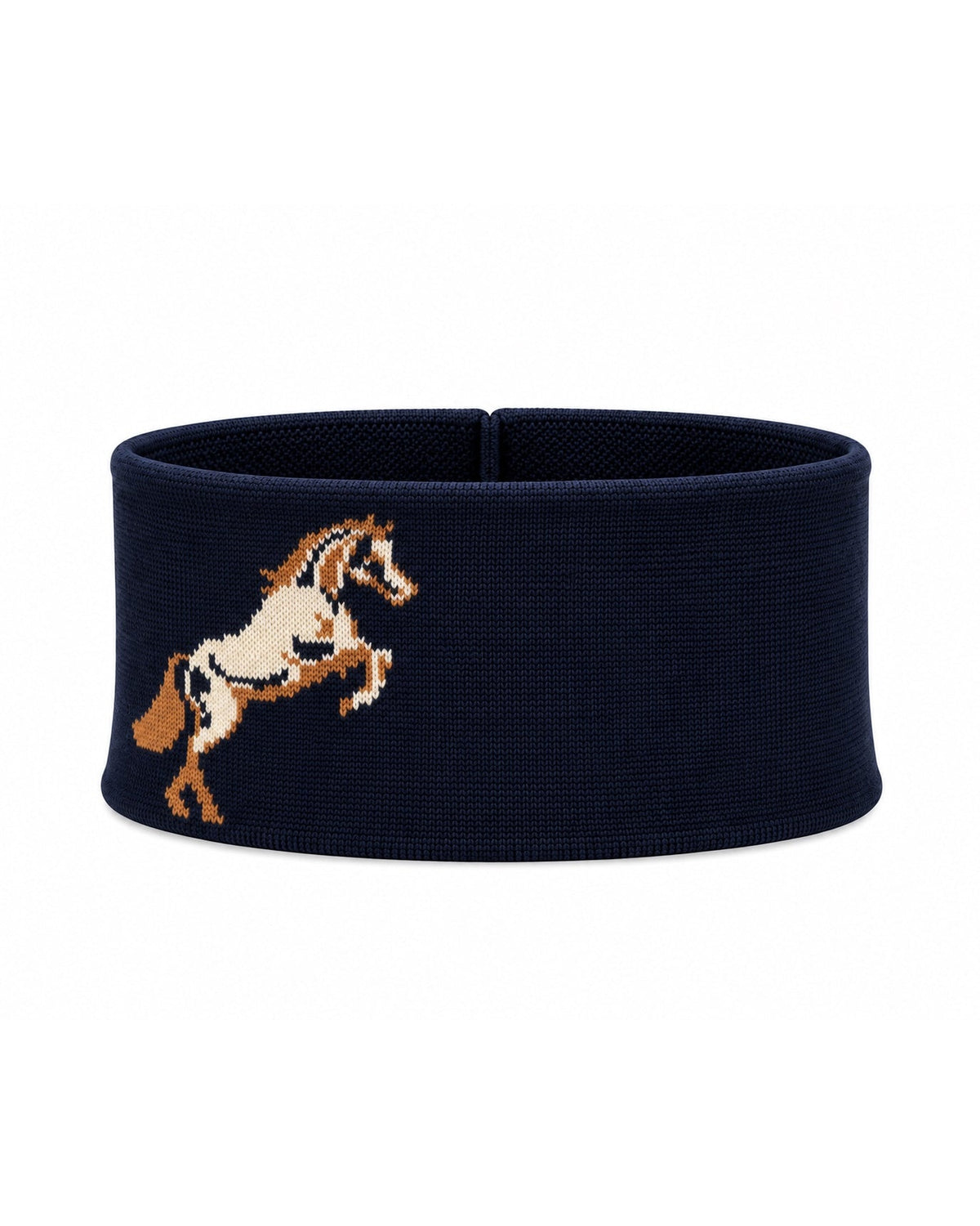 A navy blue knit headband featuring a embroidered design of a rearing horse in brown, beige, and white on the left side, shown against a plain white background.