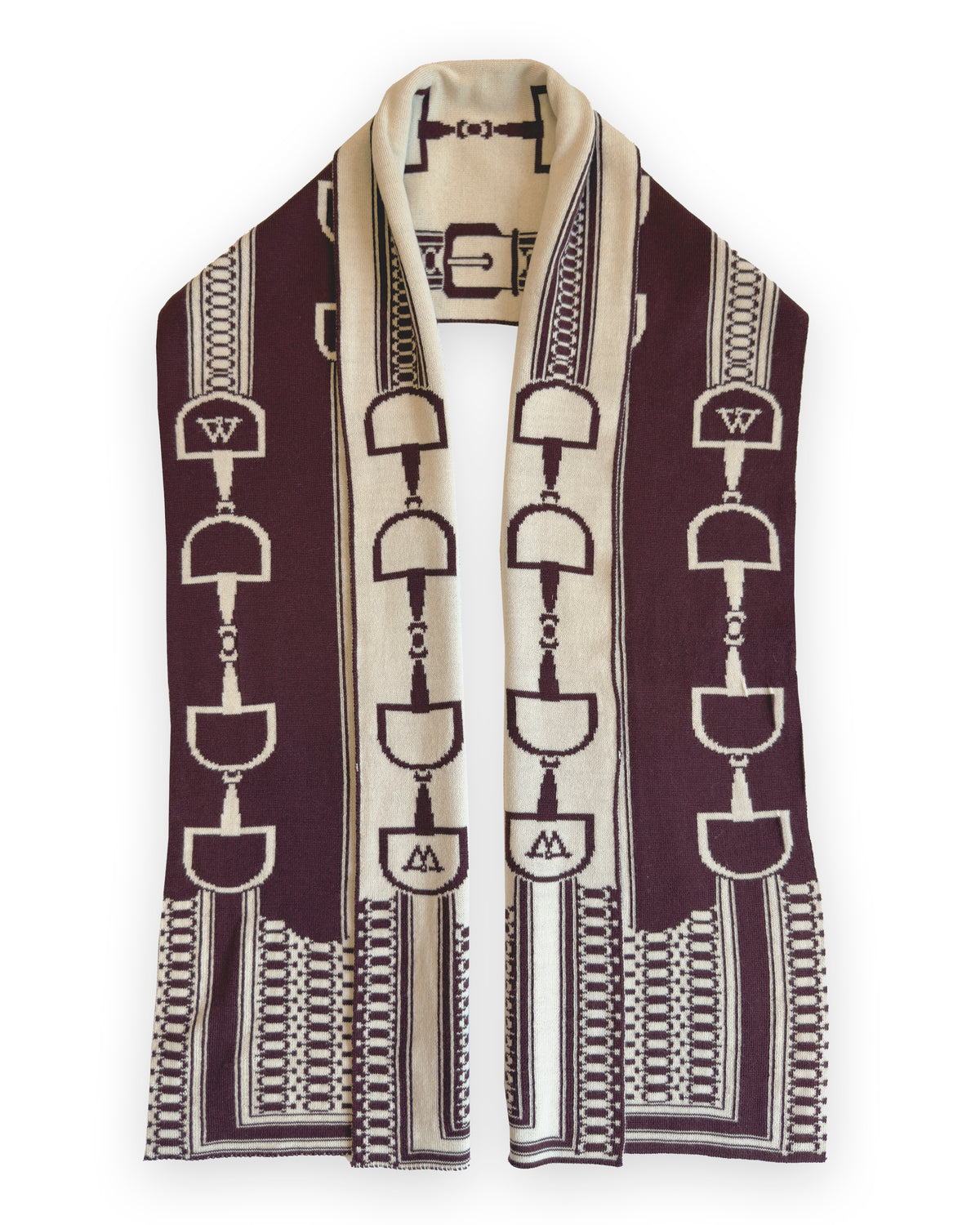 snaffle equestrian decortaive scarf. burgundy and taupe in colour. EQUINE DETAILS AND beautifully british made