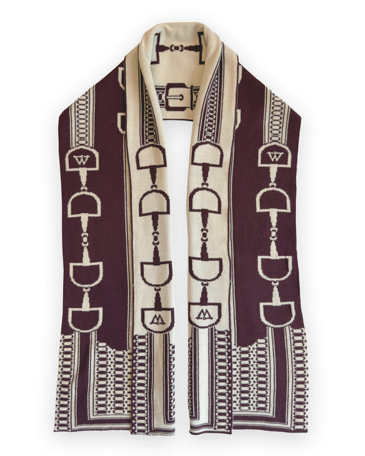 snaffle equestrian decortaive scarf. burgundy and taupe in colour. EQUINE DETAILS AND beautifully british made