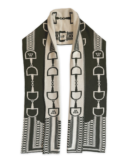 olive and taupe scarf with equestrian motif, with waring brooke logo. 