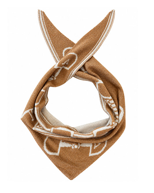 A brown knit bandana scarf with a white chain-link pattern and striped edges, styled in a knot on a solid white background.