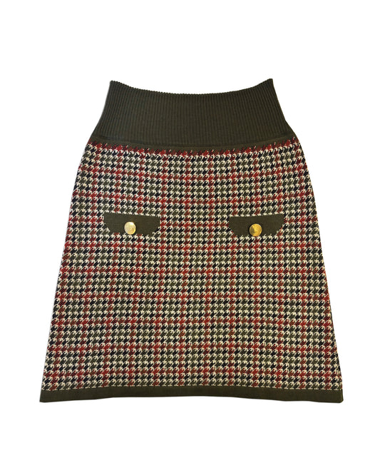 Houndstooth patterned skirt with button details on a white background