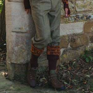 Image showcasing a country boot welly sock with intricate scroll details at the top, made from luxurious merino wool. Crafted in England and made to order by a sustainable company, epitomizing timeless style and eco-conscious craftsmanship