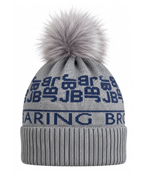 A gray knit beanie with a large fluffy gray pom-pom on top. The beanie features navy blue text and symbols across the upper portion and a ribbed cuff at the bottom.